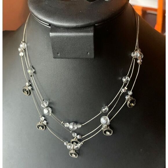 Vintage 3-row Circles and Crystals Necklace, Unmarked - Picture 1 of 3